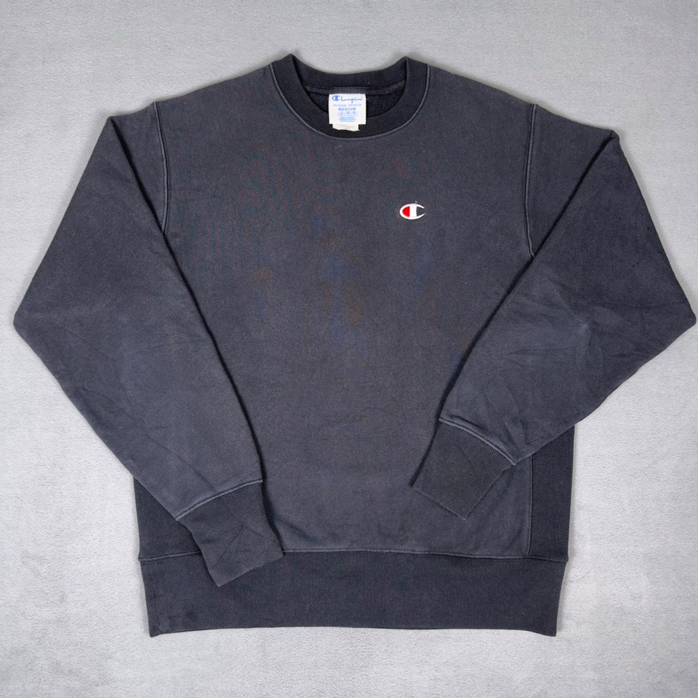 Champion Reverse‎ Weave Faded Black Crewneck Sweatshirt Script Logo Medium